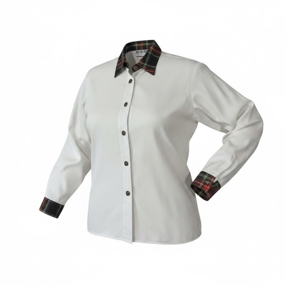 On The Verge White Button Front Blouse Womens Small Plaid Collar USA Vintage